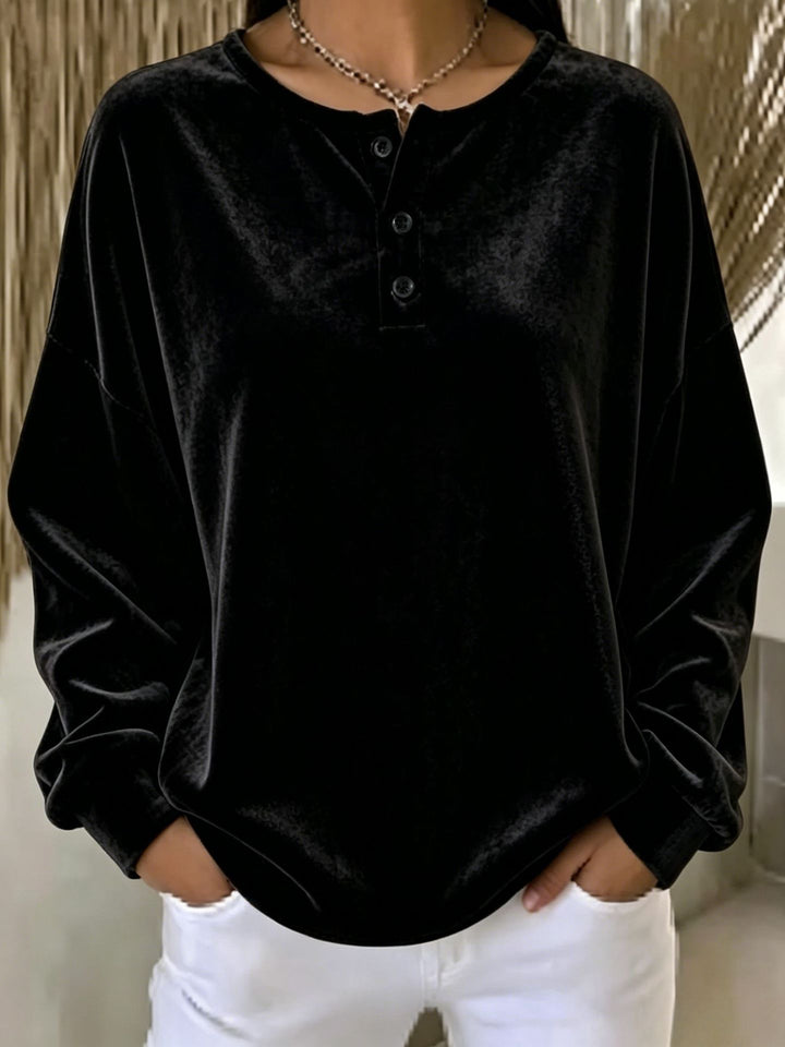 Damen Lässiges Oversize Samt-Henleyshirt mit Knopfleiste Drune