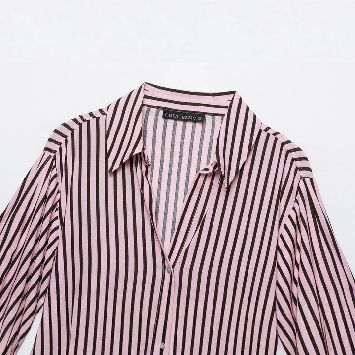 Damen Gestreifte Oversize-Bluse mit Ballonärmeln und durchgehender Knopfleiste Drune