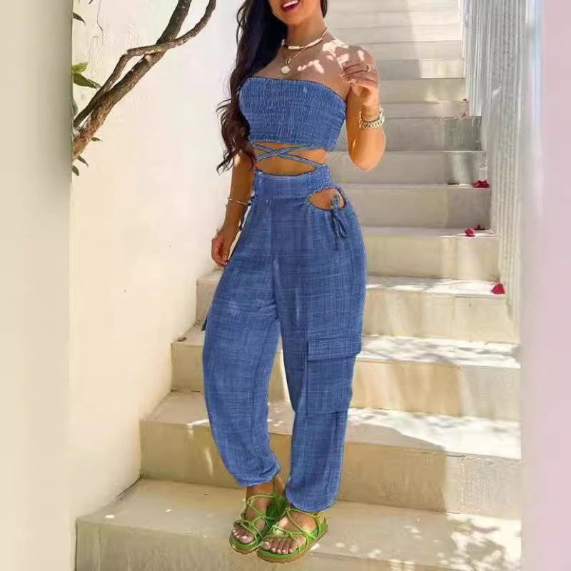 Damen Modischer Zweiteiler bestehend aus Crop Top und Cargo-Hose Drune