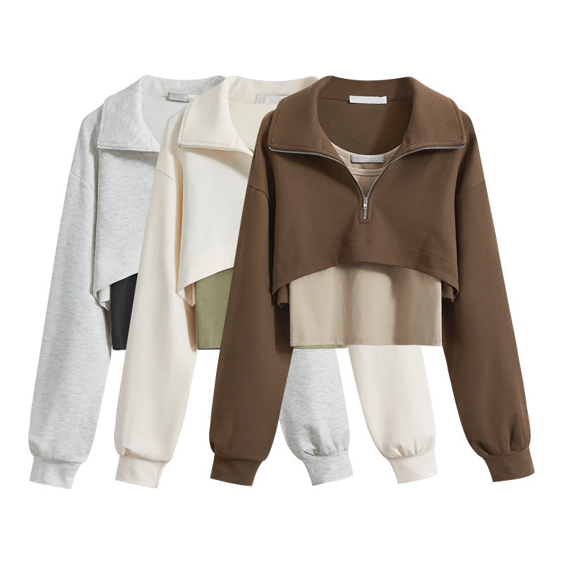 Damen modischer cropped Sweatpullover mit hohem Kragen und Reißverschluss Drune