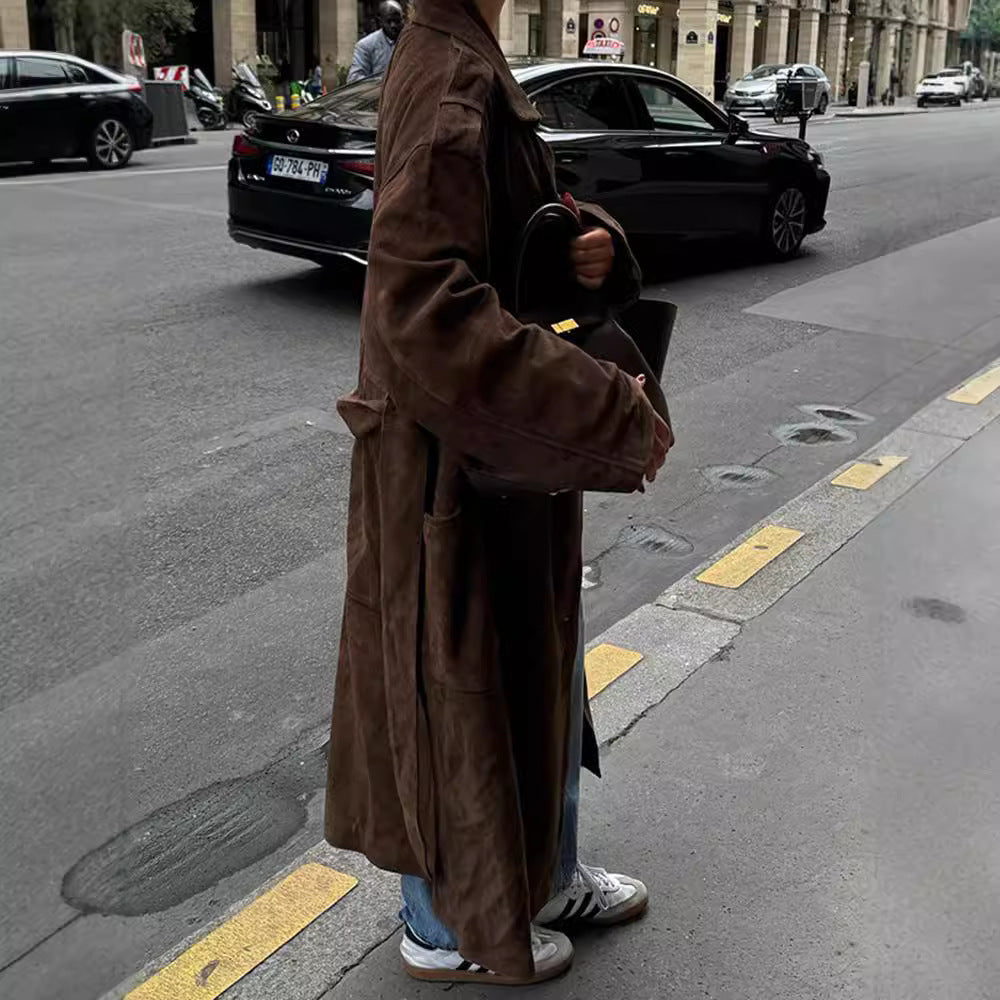 Damen Eleganter Suede-Trenchcoat mit großzügigem Schnitt Drune
