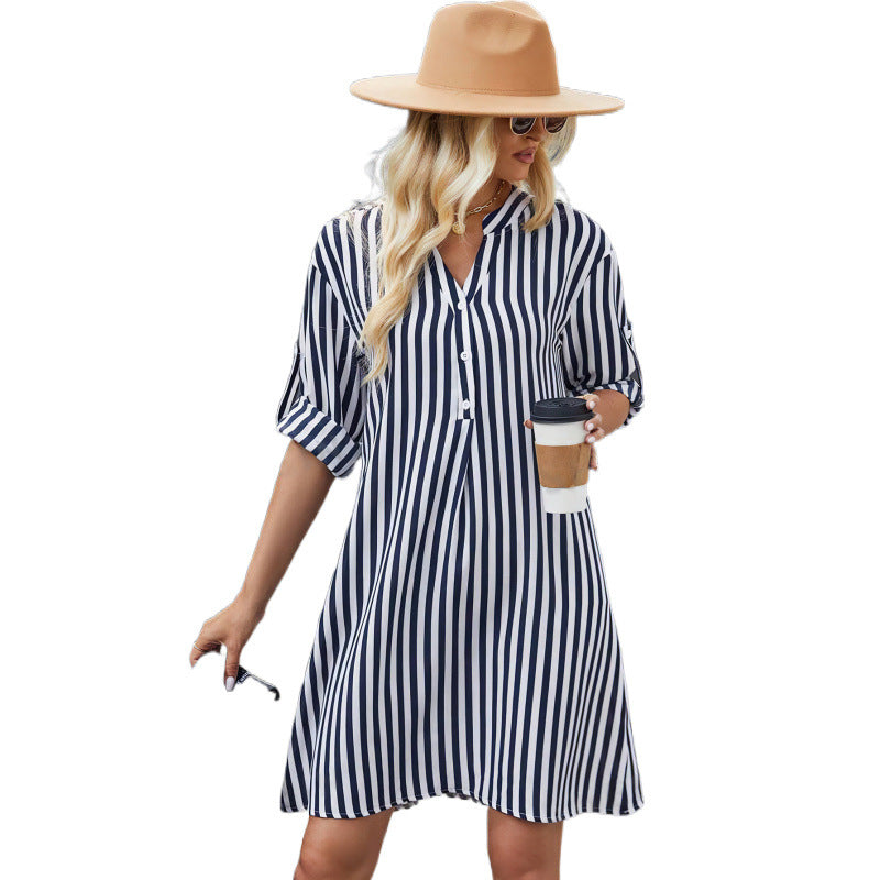 Damen gestreiftes Button-Down Hemdkleid Drune