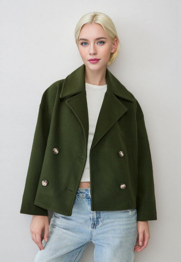 Damen nan kurzes doppeltreihiges Wollmix-Manteljacke im Boxy-Cut mit weitem Reverskragen Drune