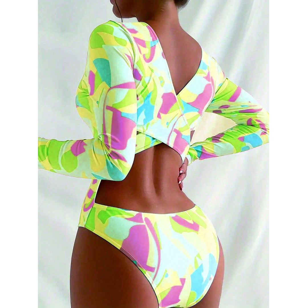 Damen Sportlicher Langarm-Badeanzug mit buntem Muster Drune