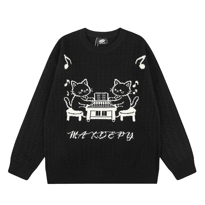 Damen Oversize Strickpullover mit Jacquard-Katzenmotiv und musikalischem Design Drune