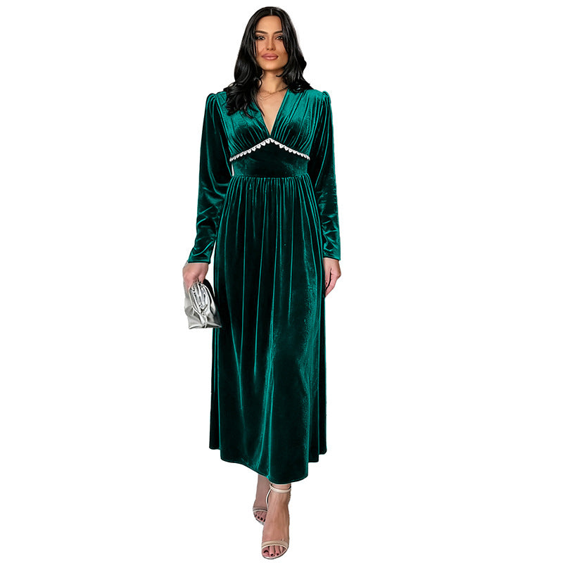Damen Elegantes Maxikleid mit V-Ausschnitt und Rüschen Drune