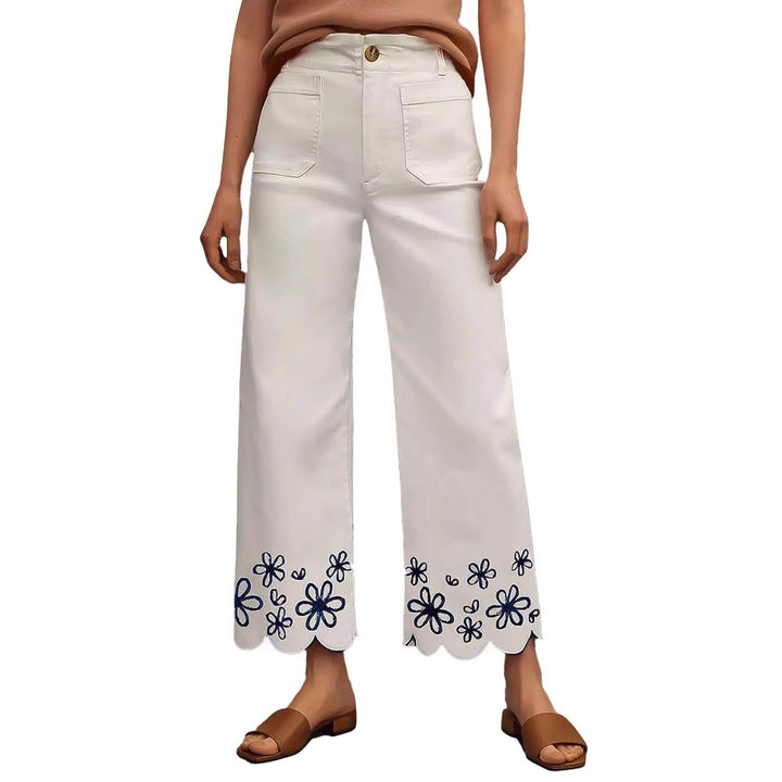 Damen Weite Culotte-Jeans mit gesticktem Blumenmuster Drune