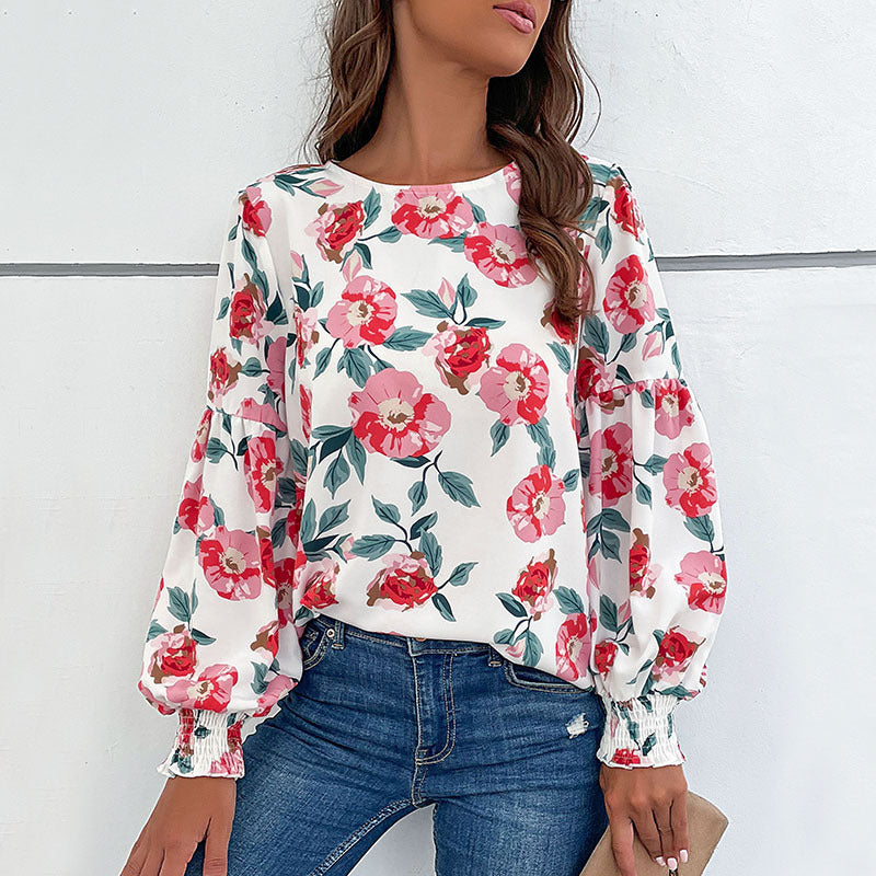 Damen Leichte Bluse mit großflächigem Blumenprint, Volumenärmeln und Smokbündchen Drune