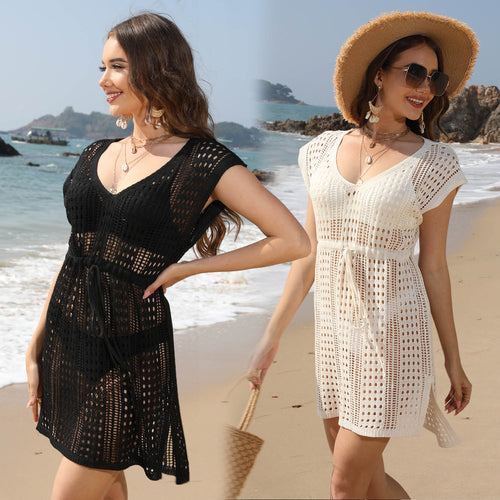 Damen Häkel-Strandkleid mit tiefem V-Ausschnitt und elastischem Bund Drune