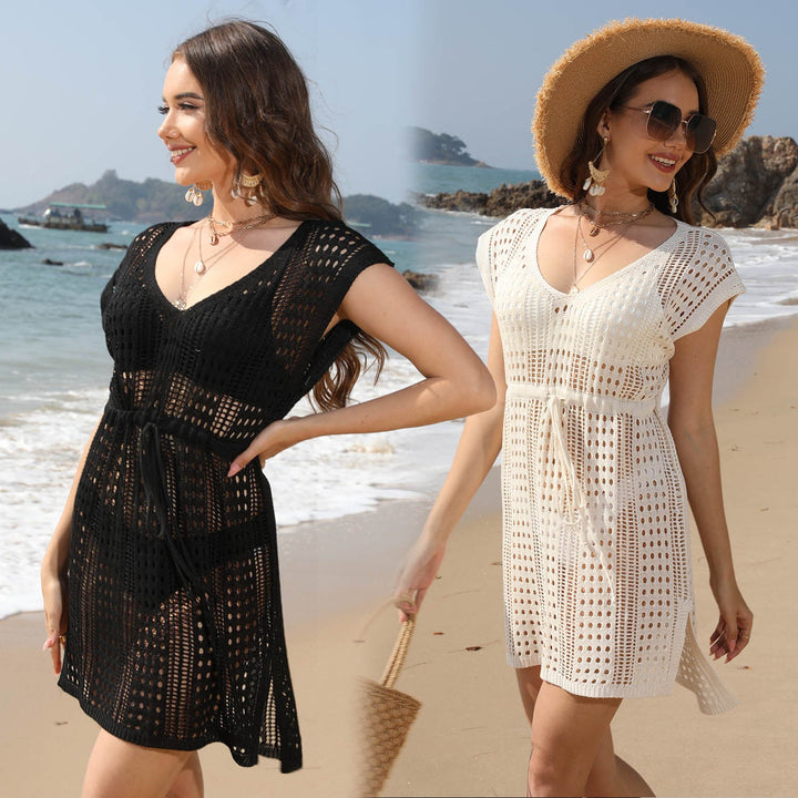Damen Häkel-Strandkleid mit tiefem V-Ausschnitt und elastischem Bund Drune