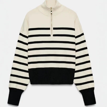 Damen Gestreifter Cropped‑Strickpullover mit Stehkragen und voluminösen Ballonärmeln Drune