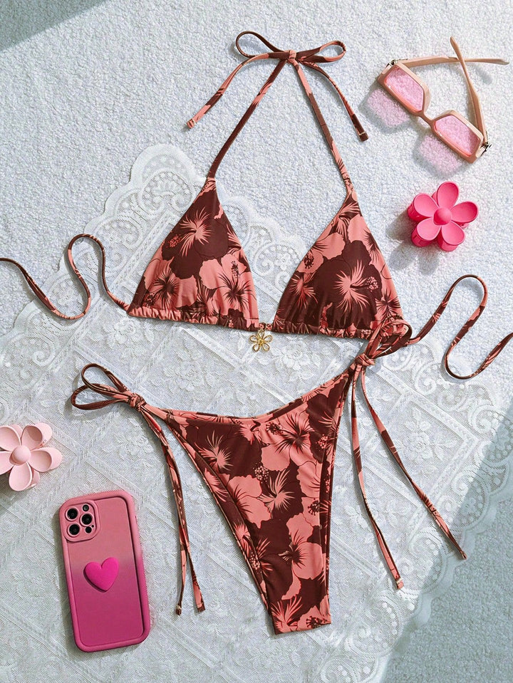 Damen Triangel-Bikini mit floralen Akzenten und raffinierten Bindebändern Drune