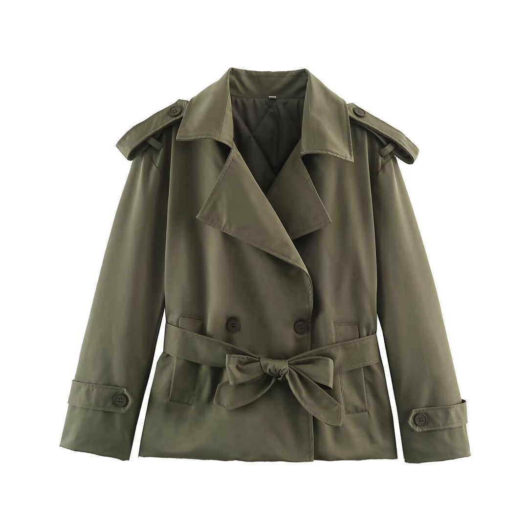 Damen Taillierte Kurz-Trenchjacke mit Bindegürtel und Schulterpatten Drune