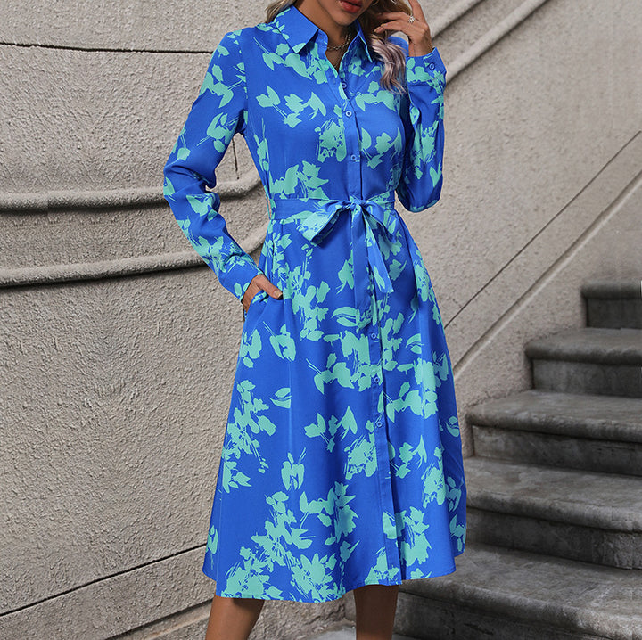 Damen Langärmliges Hemdblusenkleid mit Taillengürtel Drune