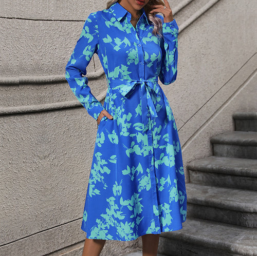 Damen Langärmliges Hemdblusenkleid mit Taillengürtel Drune