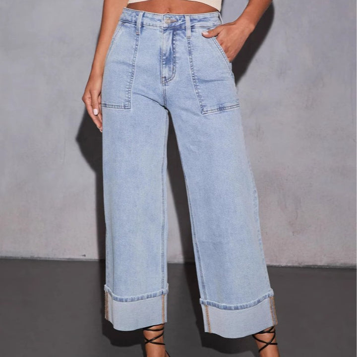 Damen nan Highwaist-Culotte-Jeans mit weitem Bein, aufgesetzten Fronttaschen und markantem Umschlagbund Drune