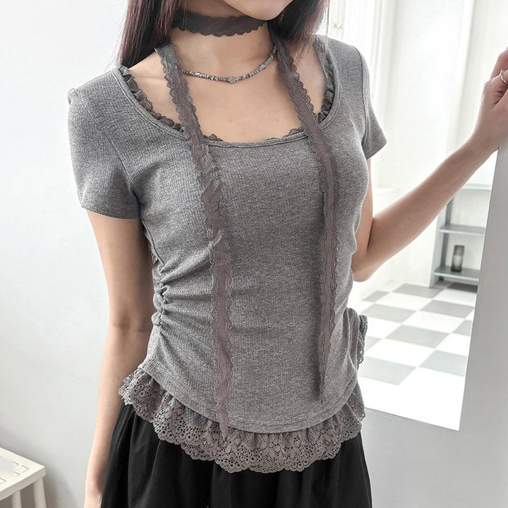 Damen feines Rüschenshirt mit Spaghettiträgern und zartem Spitzenbesatz Drune