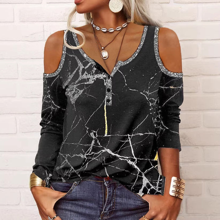 Damen Off-Shoulder Langarm Henley-Oberteil mit Marmorprint und Paillettenbesatz Drune
