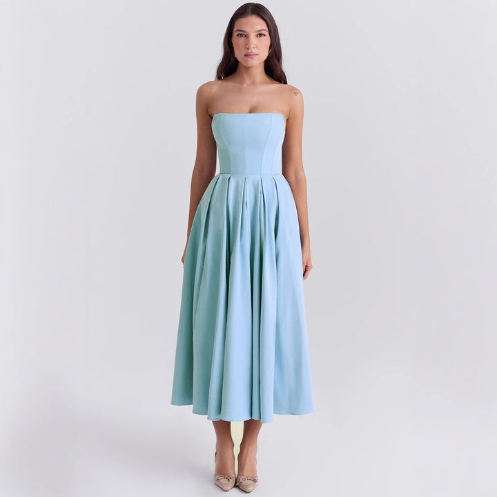 Damen Taillesenkende Midi-Kleid mit schulterfreiem Design und eleganter Faltenstruktur Drune