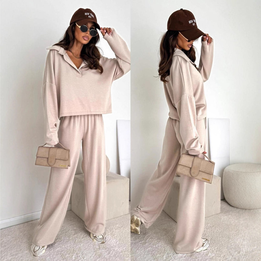 Damen Loungewear-Zweiteiler mit Hemdkragen-Cropped-Sweatshirt und weiter Palazzo-Hose Drune