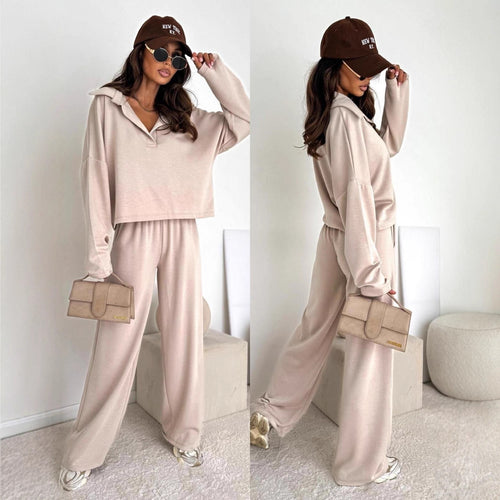 Damen Loungewear-Zweiteiler mit Hemdkragen-Cropped-Sweatshirt und weiter Palazzo-Hose Drune