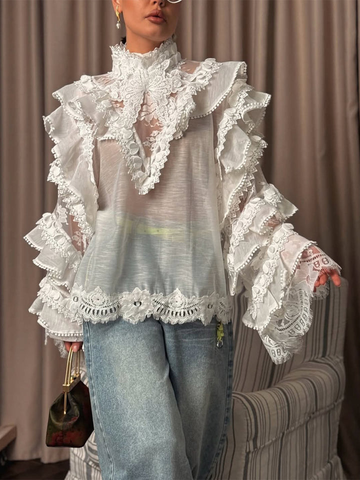 Damen Transparente Spitzenbluse mit Volant-Ärmeln und hohem Stehkragen Drune