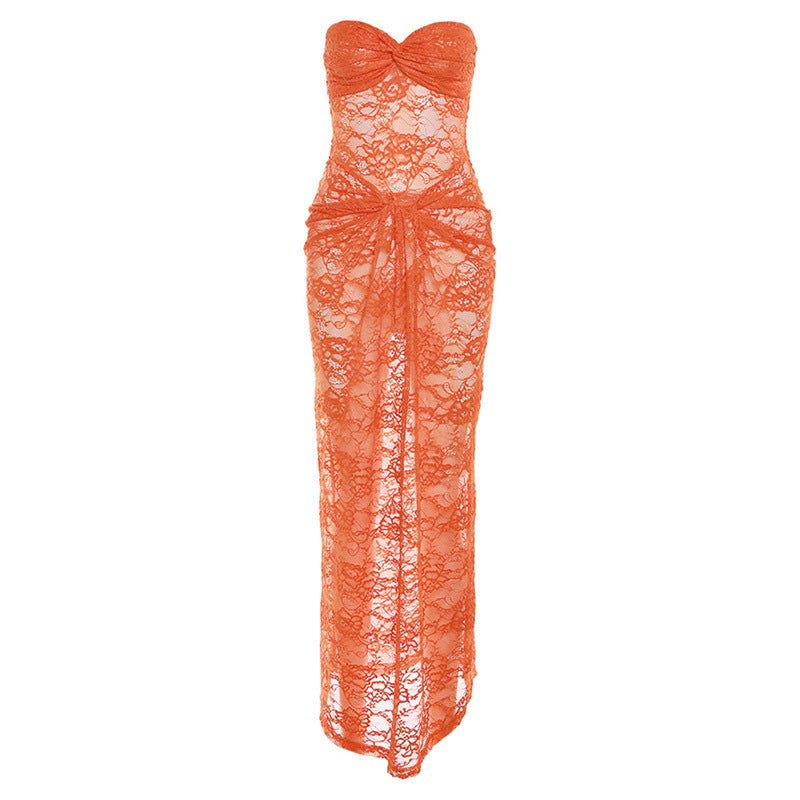 Damen Spitzen-Maxikleid mit herzförmigem Ausschnitt und raffinierten Details Drune