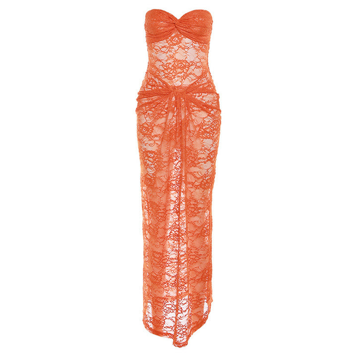 Damen Spitzen-Maxikleid mit herzförmigem Ausschnitt und raffinierten Details Drune