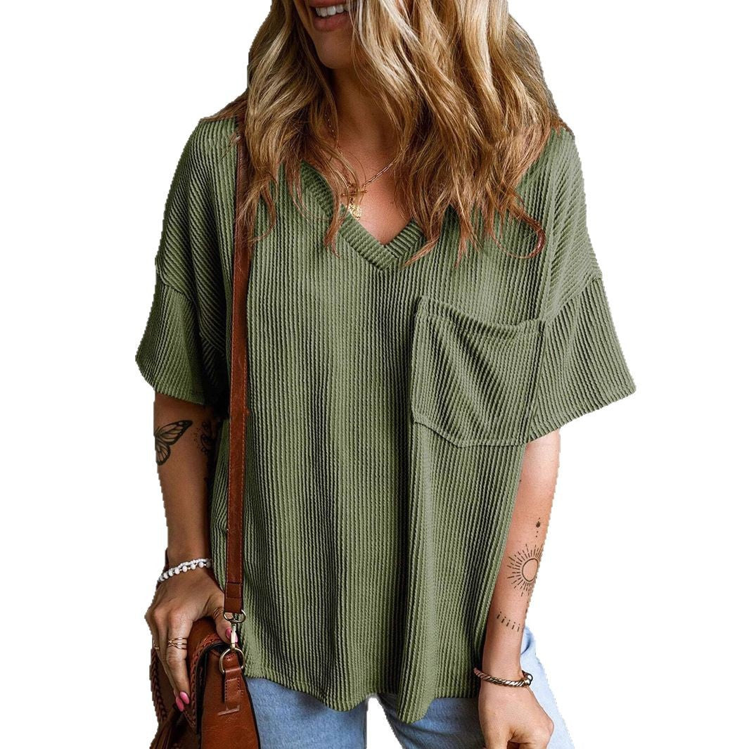 Damen Lässiges Rippstrick Oversize T-Shirt mit V-Ausschnitt und Brusttasche Drune