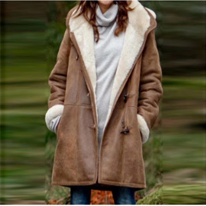 Damen Kapuzen-Dufflecoat mit Kunstfellbesatz und KnDruneelverschlüssen Drune