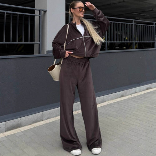 Damen Relaxed-Fleece-Set mit halblanger Zipjacke und extraweiter High-Waist Jogginghose Drune