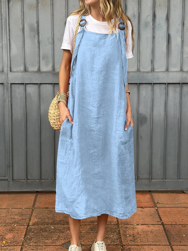 Damen Lässiges Leinenkleid mit verstellbaren Trägern und praktischen Taschen Drune