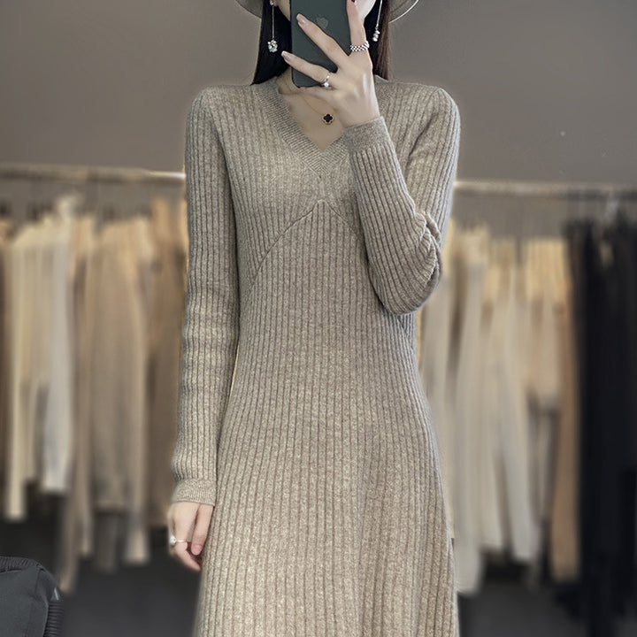 Damen Langes geripptes Strickmidikleid mit taillierter Silhouette und A‑Linien-Rock Drune