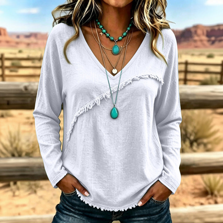 Damen Lässiges V-Ausschnitt Langarmshirt mit diagonaler Fransenblende und Strukturstoff Drune