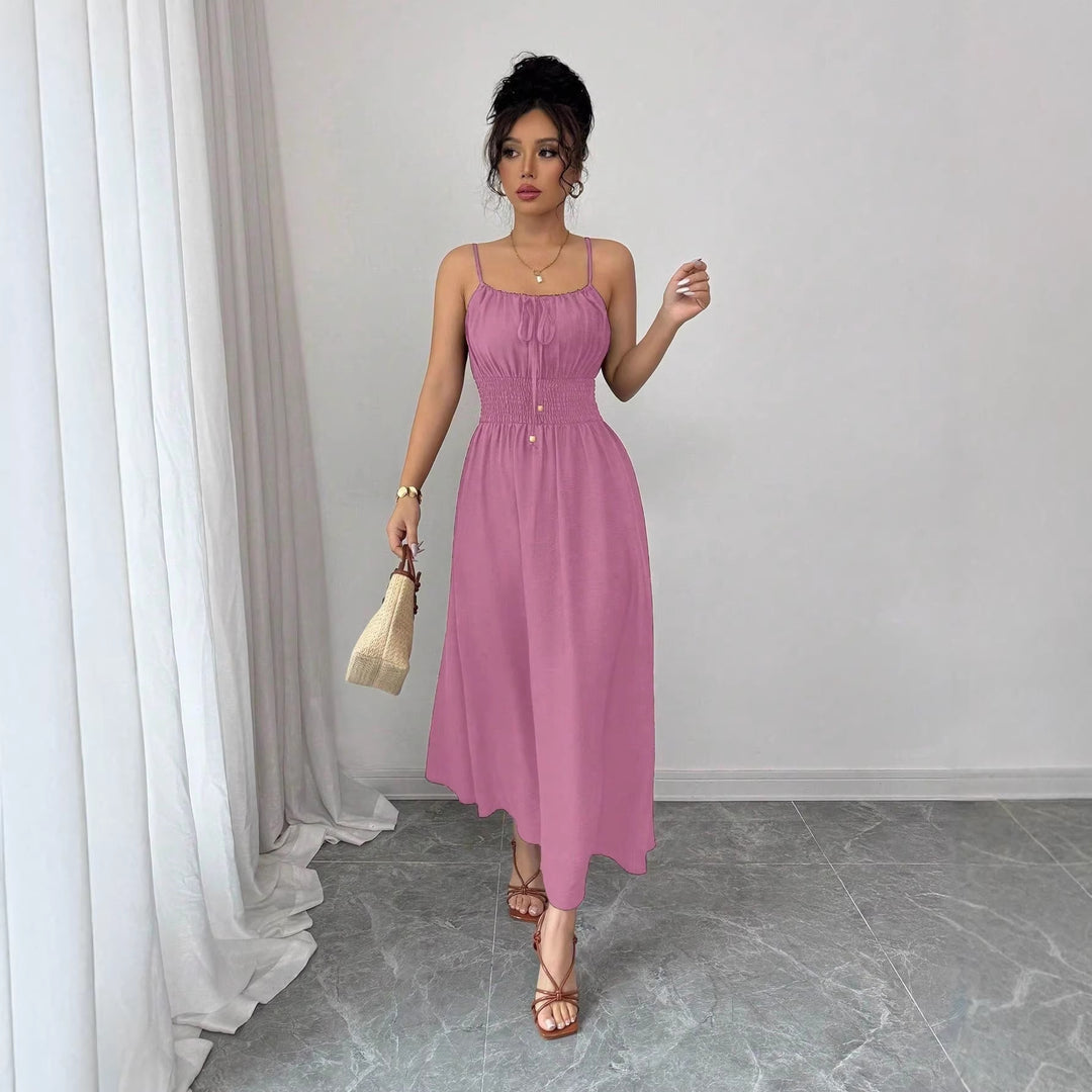 Damen Midikleid mit Smokbund, Spaghettiträgern und Bindekordel Drune