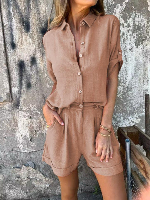 Damen Lässiges Jumpsuit-Set mit knöpfbarem Oberteil und elastischem Taillenzug Drune