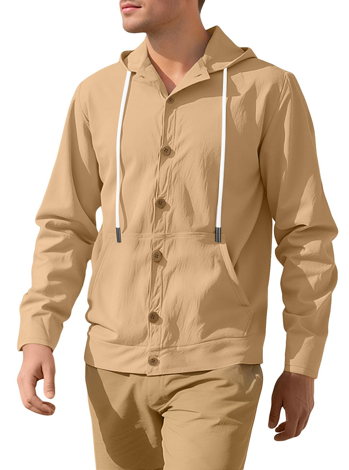 Herren nan schlanker Kapuzen-Cardigan mit durchgehender Knopfleiste aufgesetzter Kängurutasche und leichtem Strukturstrick Drune