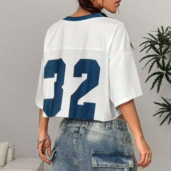 Damen locker geschnittenes Sportoberteil mit V-Ausschnitt und Rundum-Mesh Drune
