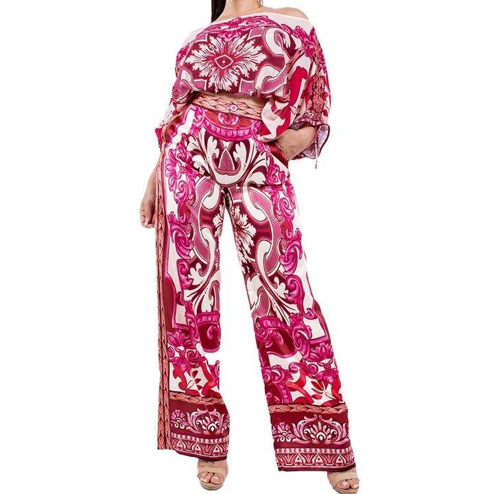 Damen Edles Kombination Outfit mit weitem Bein und eleganten Muster Drune