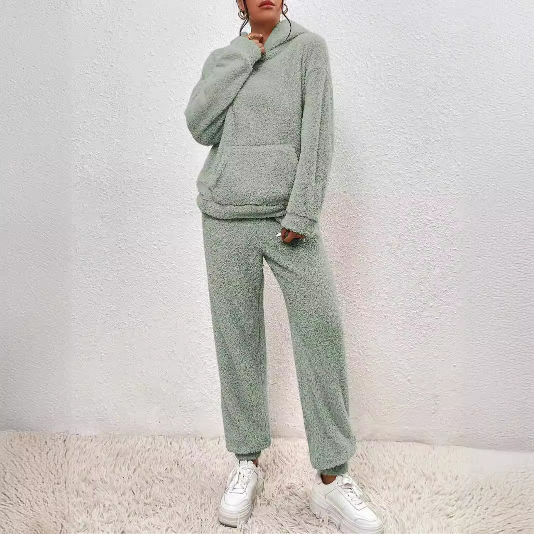 Damen nan kuscheliges Teddy-Fleece Hausanzug-Set mit Kapuze, Kängurutasche und elastischer Jogginghose Drune