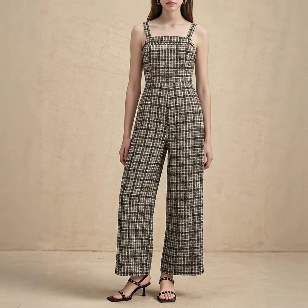 Damen Jumpsuit mit weiten Hosenbeinen und feinem Karomuster Drune
