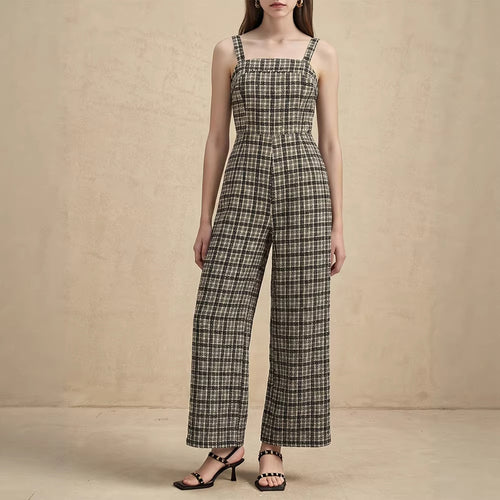 Damen Jumpsuit mit weiten Hosenbeinen und feinem Karomuster Drune