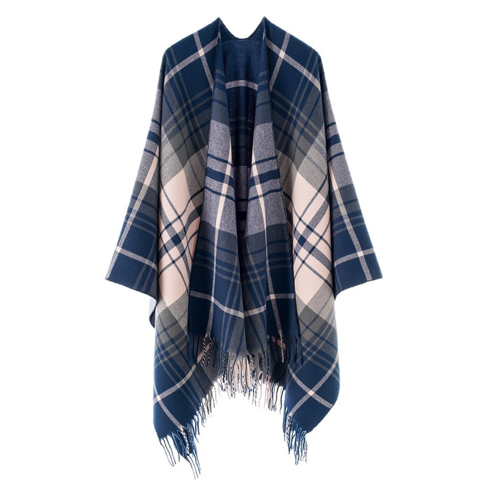 Damen Reiner Wolloptik-Überwurf im Tartan-Karo mit offener Front und Fransensaum Drune