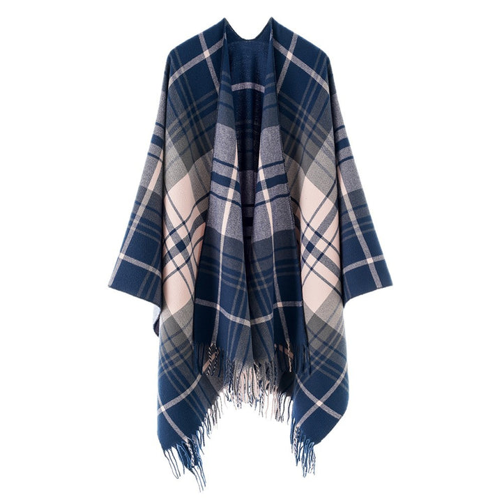 Damen Reiner Wolloptik-Überwurf im Tartan-Karo mit offener Front und Fransensaum Drune