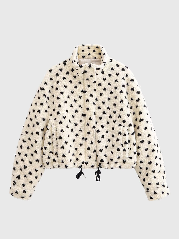 Damen Kurze Teddyjacke aus Sherpa‑Fleece mit Herzchenprint und Tunnelzug Drune