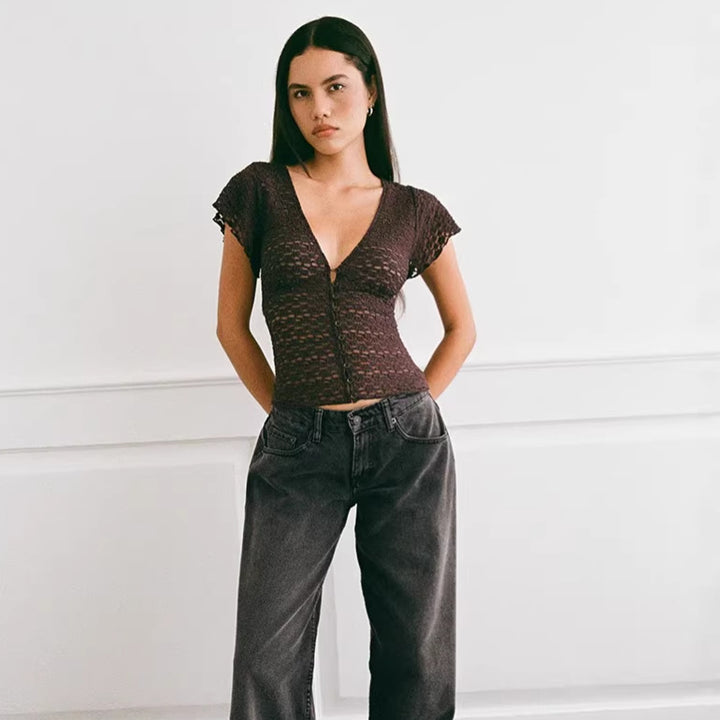 Damen Verspieltes Spitzenoberteil mit fließendem Design und kurzen Puffärmeln Drune