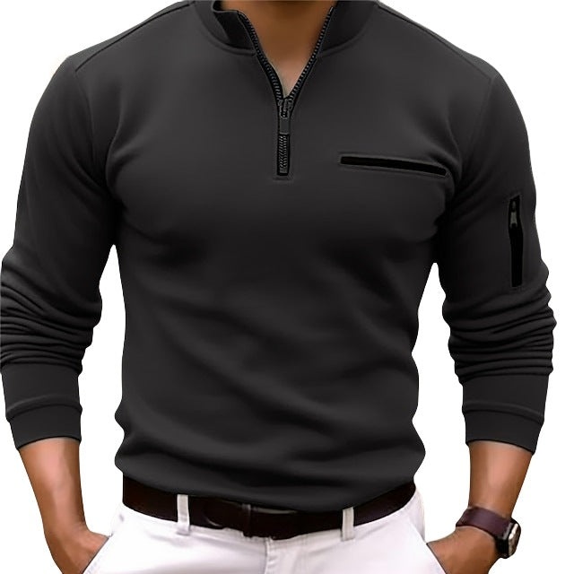 Herren Slim-Fit Pullover mit halbem Reißverschluss, Brust- und Ärmeltasche Drune