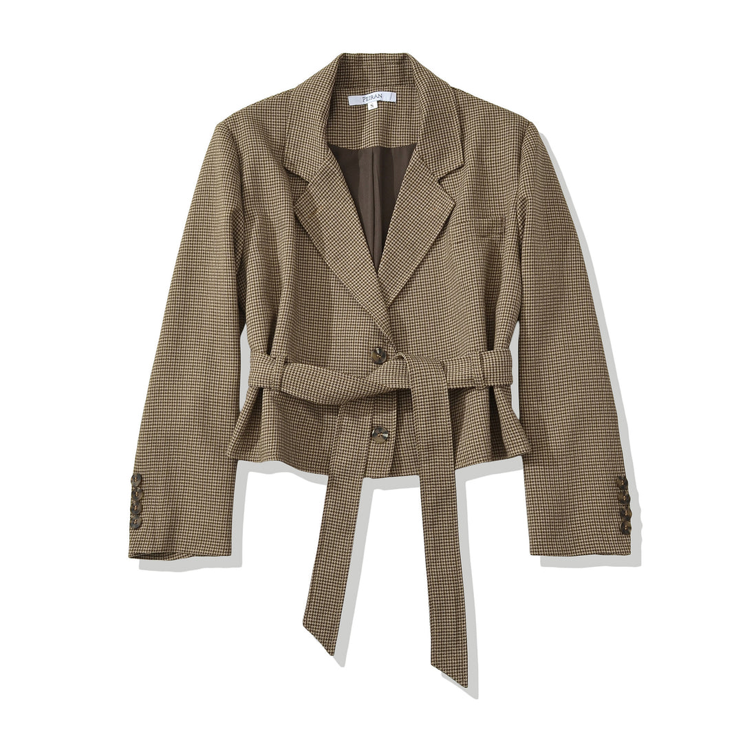 Damen Cropped Blazer mit Taillengürtel, Hahnentrittstruktur und Reverskragen Drune