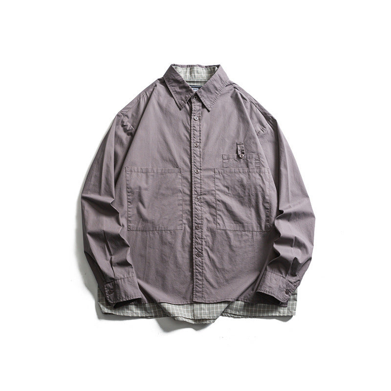 Herren Lagenlook-Overshirt mit aufgesetzten Fronttaschen, lockerer Passform und kariertem Untertritt Drune