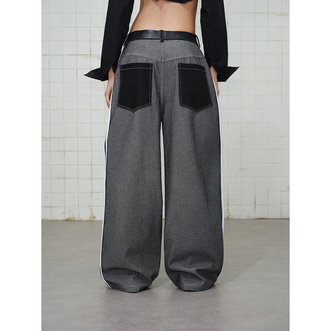 Damen Wide-Leg Cargo-Jeans mit aufgesetzten Grafik-Patches und Kontraststreifen Drune
